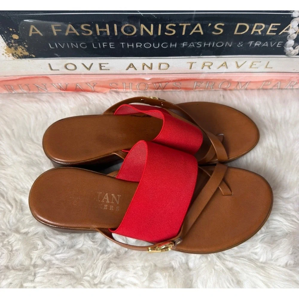 Italian Shoemakers Red Tan Elastic Wedge Sandals Made in Italy Size 8 Womens